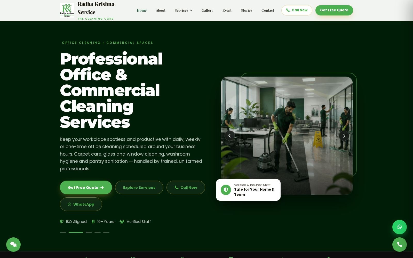 Live screenshot of the RadhaKrishnaService.com cleaning and facility management website